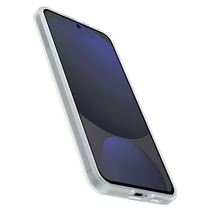 Otterbox Reager etui til Galaxy S23 FE gennemsigtig, viser Galaxy S23 FE med mørk reflekterende skærm i vinkel.