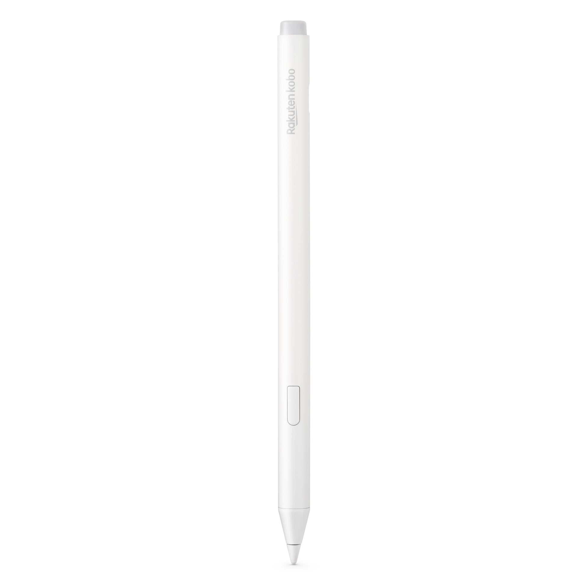 Kobo Stylus 2 pen hvid, flad side, Kobo-logo, knap nær spidsen, USB-C opladning.