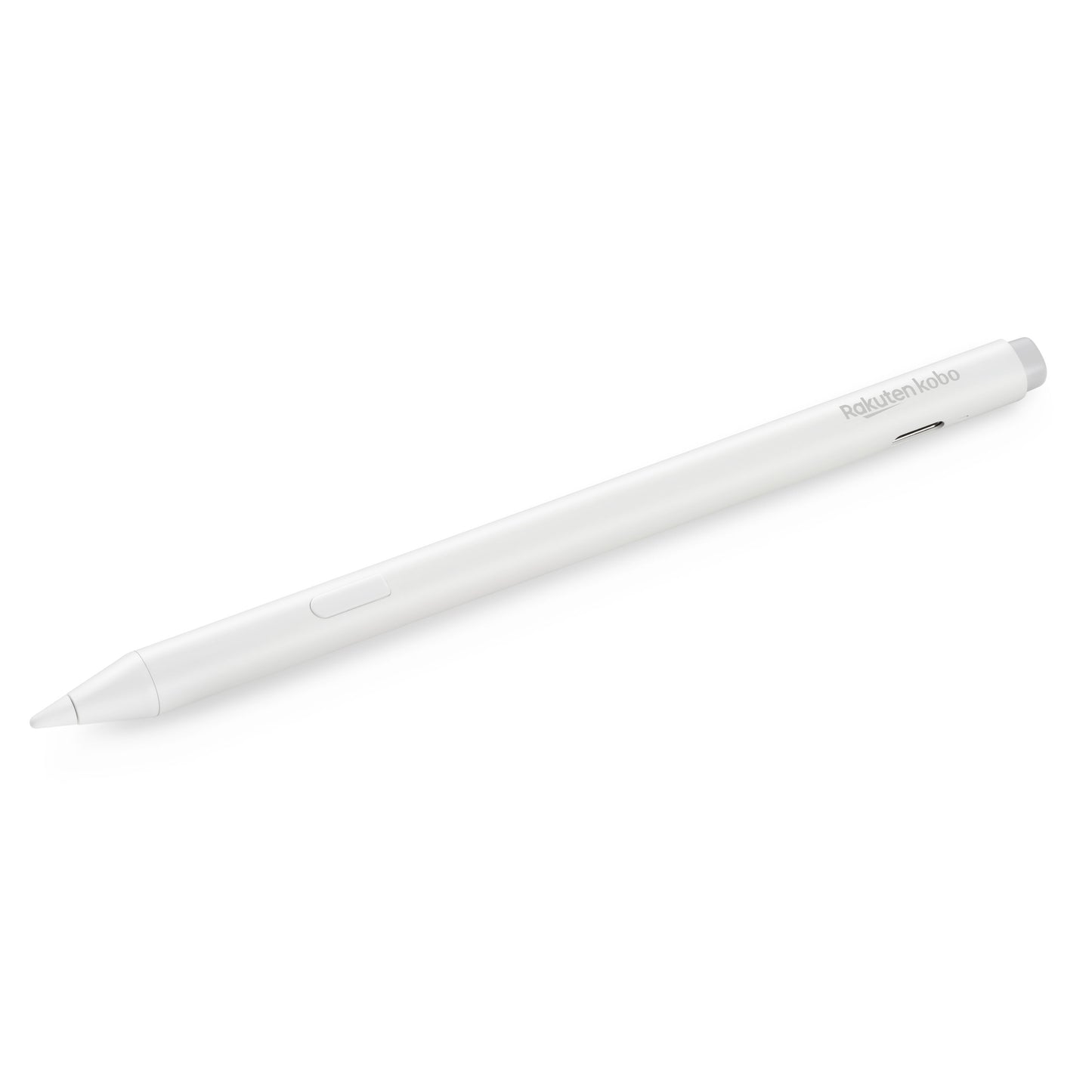 Kobo Stylus 2 pen hvid, slankt design med sideknap, Kobo-logo øverst, USB-C opladning.