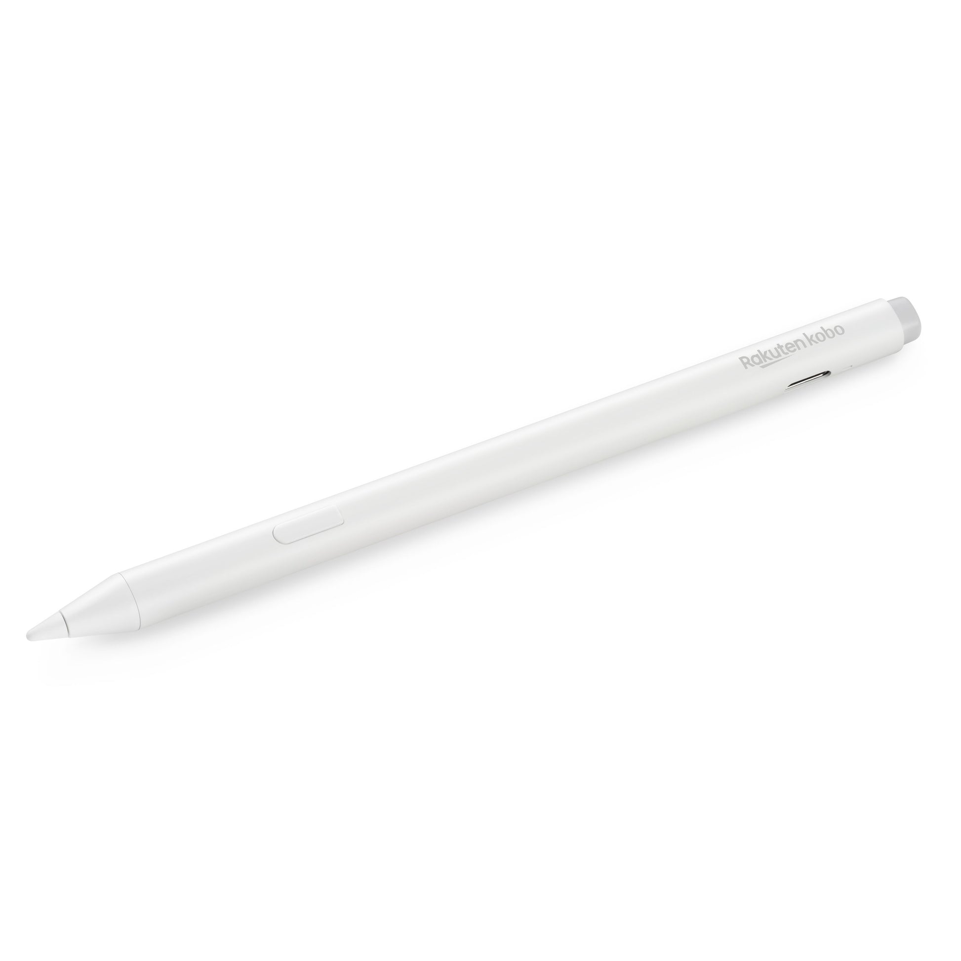 Kobo Stylus 2 pen hvid, slankt design med sideknap, Kobo-logo øverst, USB-C opladning.