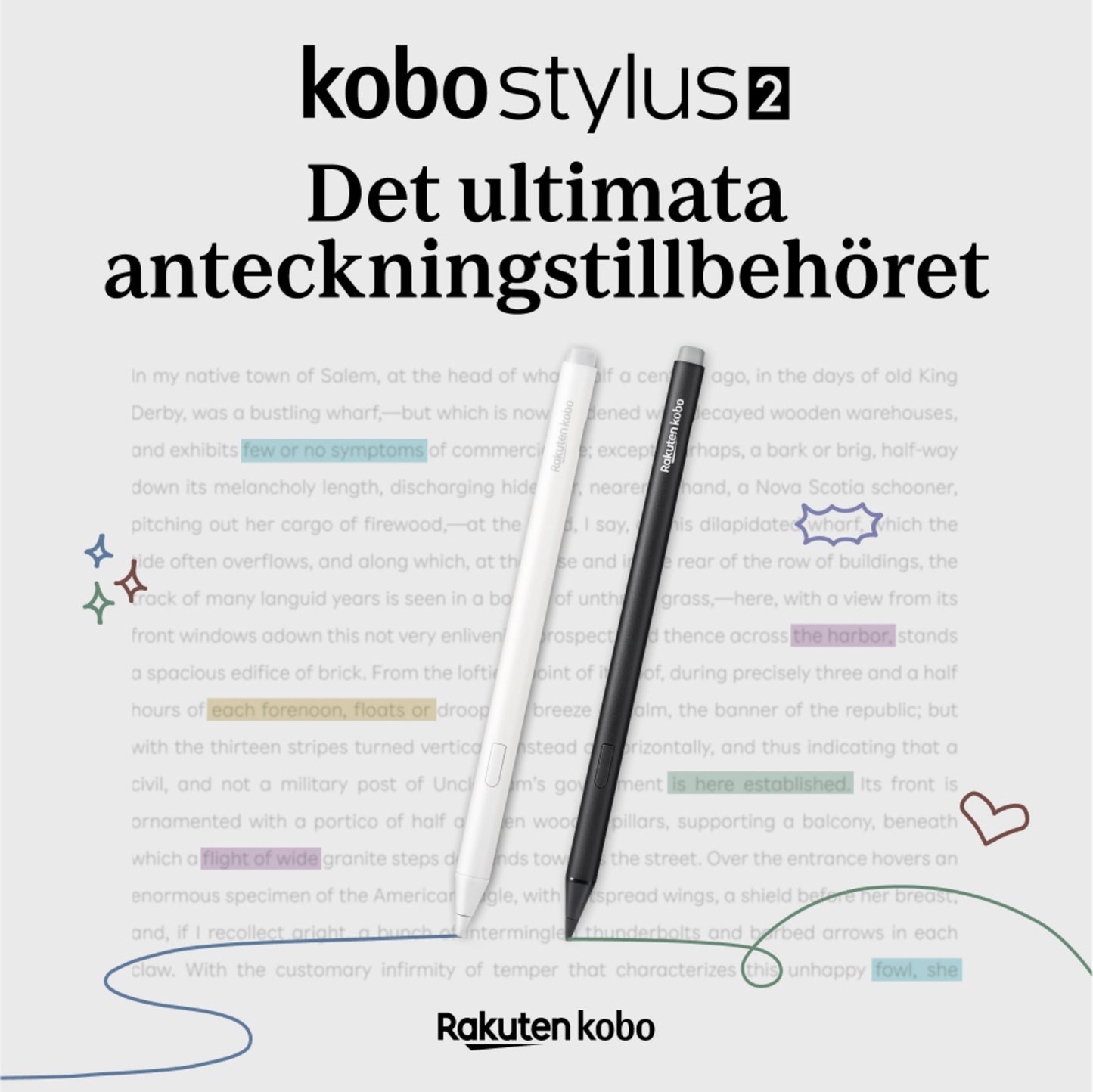 Kobo Stylus 2-pen hvid og sort stylus på svensk side, tekst "Det ultimata anteckningstillbehöret", Kobo logo nederst.
