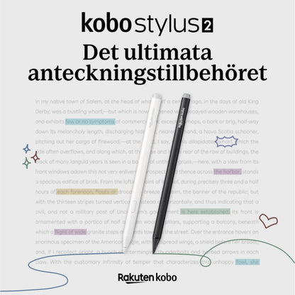Kobo Stylus 2-pen hvid og sort stylus på svensk side, tekst "Det ultimata anteckningstillbehöret", Kobo logo nederst.