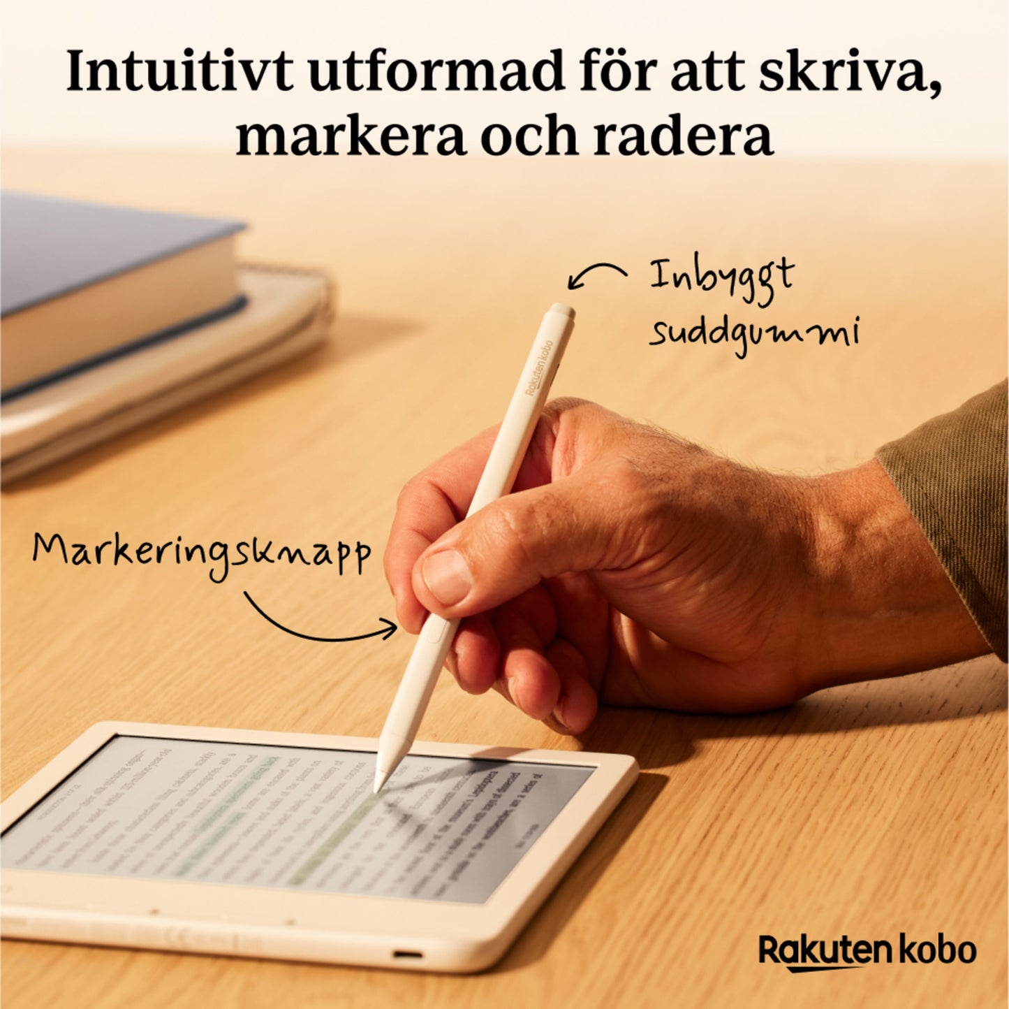 Kobo Stylus 2 White bruges til tekstmarkering på e-bogslæser, synlig markeringsknap, viskelæder, svensk tekst.