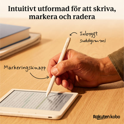 Kobo Stylus 2 White bruges til tekstmarkering på e-bogslæser, synlig markeringsknap, viskelæder, svensk tekst.