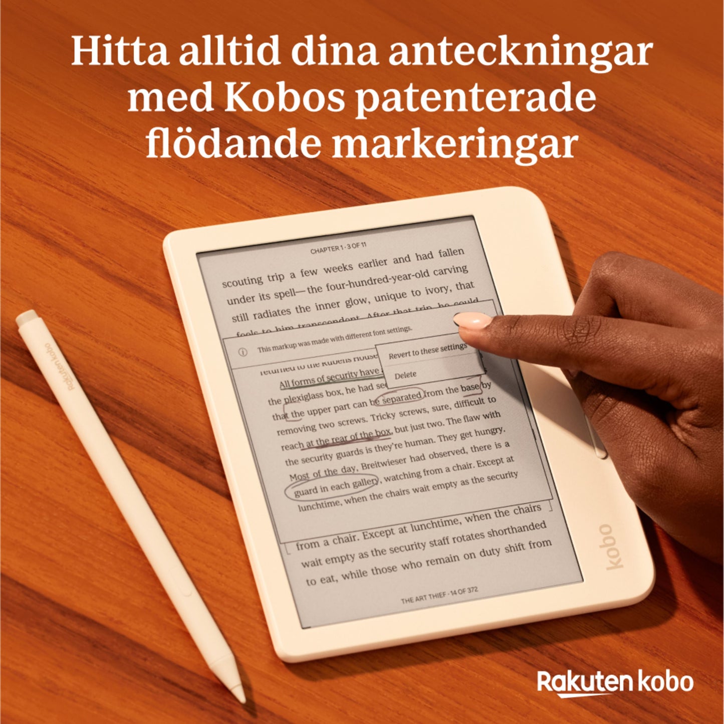 Kobo e-bogslæser med hvid Stylus 2-pen, ekstra pen og USB-C opladning, Rakuten Kobo-logo nederst til højre.