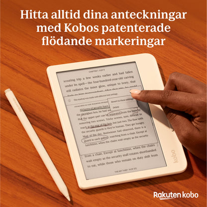 Kobo e-bogslæser med hvid Stylus 2-pen, ekstra pen og USB-C opladning, Rakuten Kobo-logo nederst til højre.