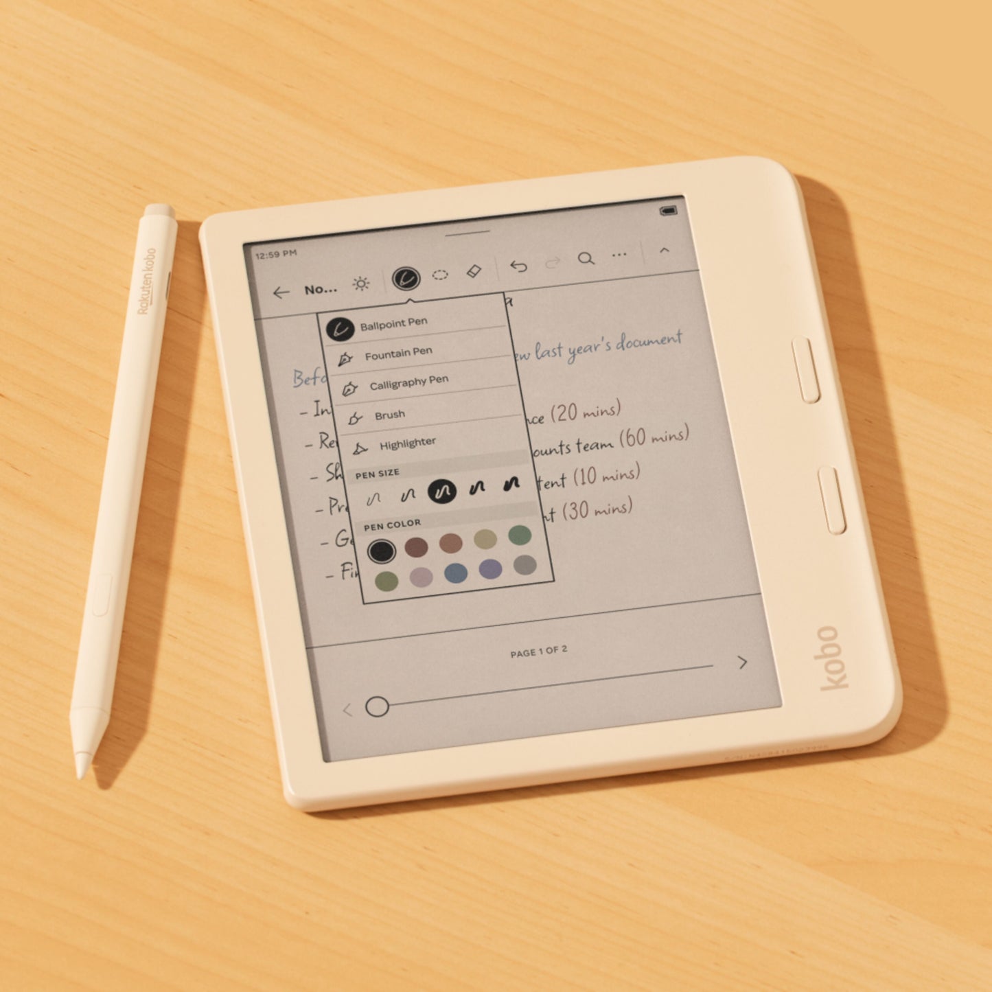Kobo Stylus 2-pen Hvid vist med e-læser og notes-app, penneværktøjer og farvevalg på skærm.