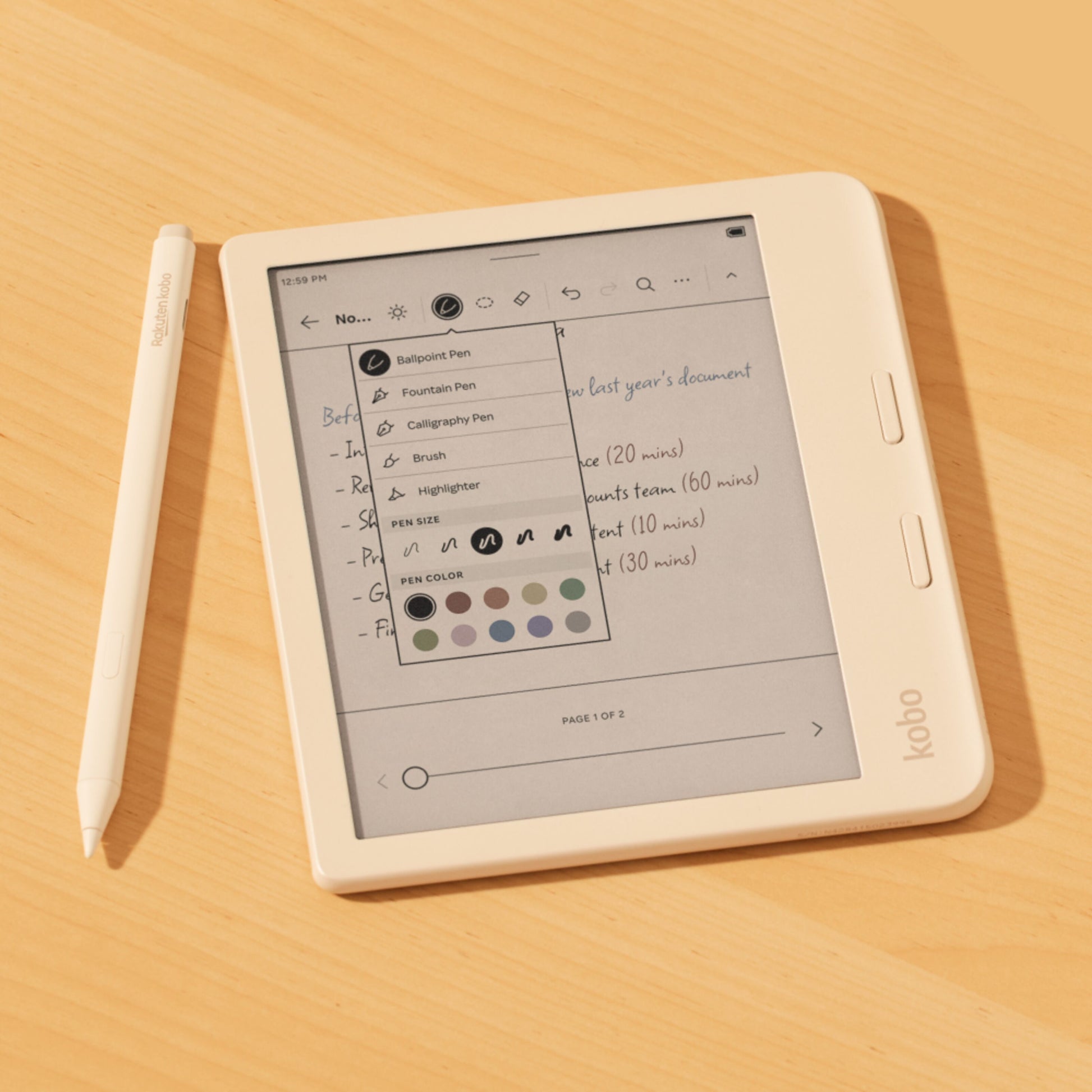 Kobo Stylus 2-pen Hvid vist med e-læser og notes-app, penneværktøjer og farvevalg på skærm.