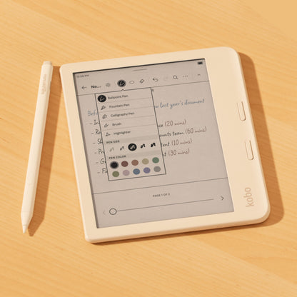 Kobo Stylus 2-pen Hvid vist med e-læser og notes-app, penneværktøjer og farvevalg på skærm.