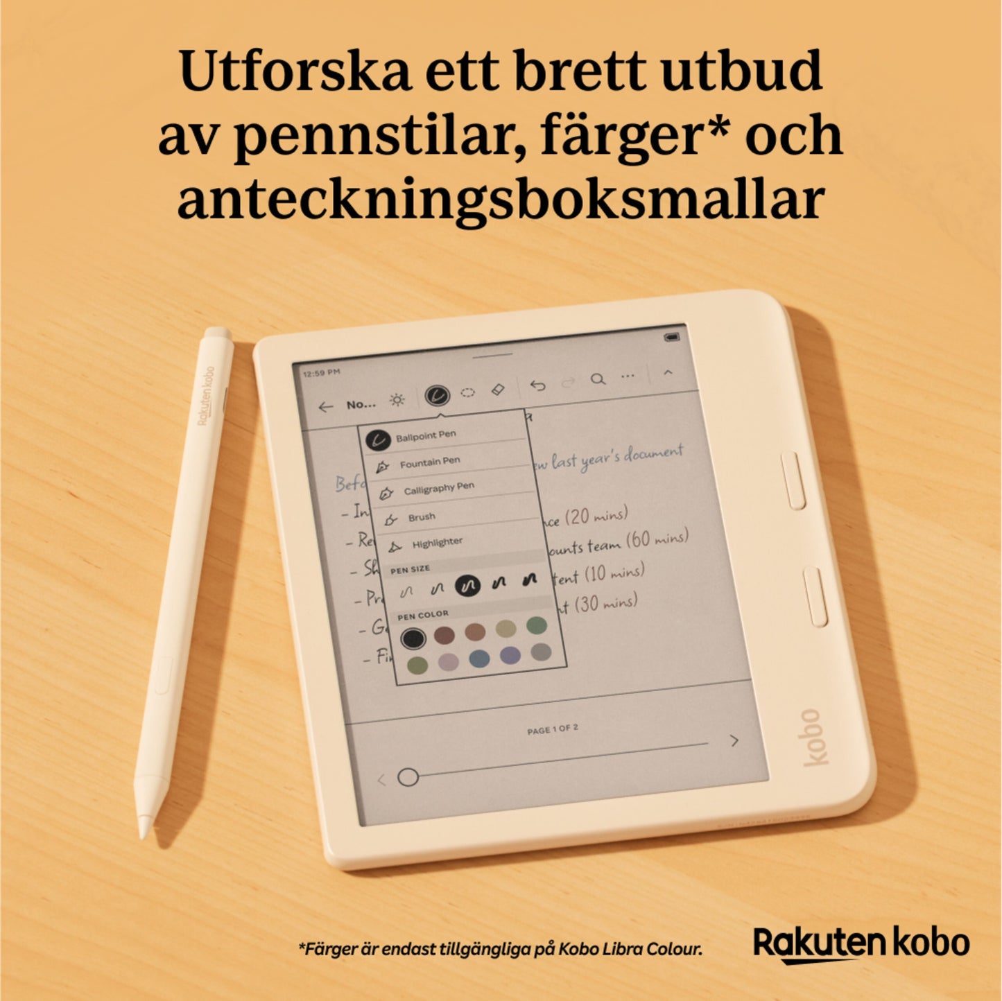 Kobo Stylus 2 hvid pen med USB-C opladning vises med digital noteapp og valg af pen-stilarter.