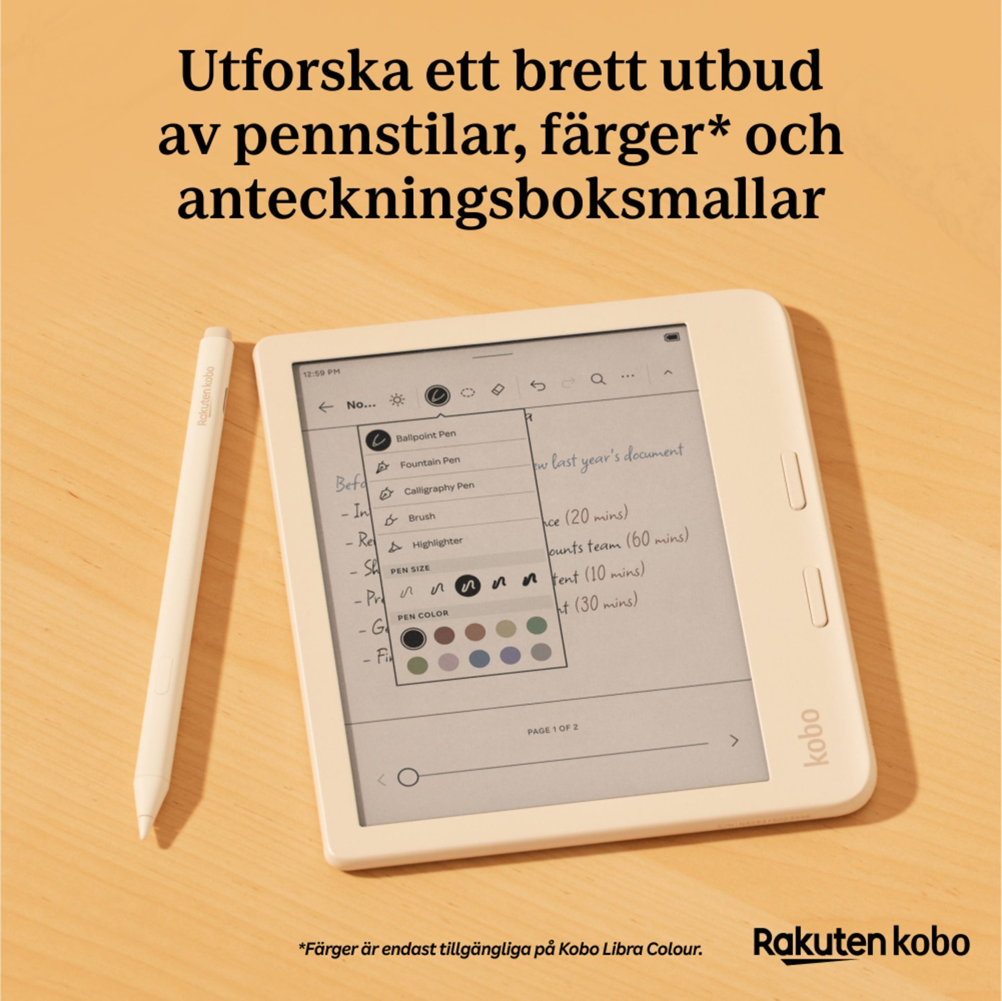 Kobo Stylus 2 hvid pen med USB-C opladning vises med digital noteapp og valg af pen-stilarter.