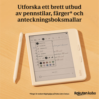 Kobo Stylus 2 hvid pen med USB-C opladning vises med digital noteapp og valg af pen-stilarter.
