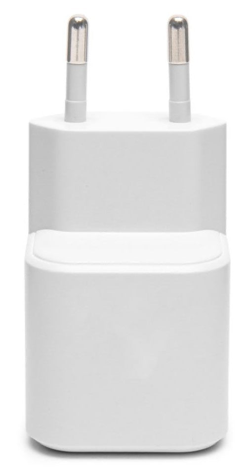 GaN USB-C oplader PD 65W, hvid, to runde europæiske ben, Power Delivery hurtigopladning, rektangulært design.