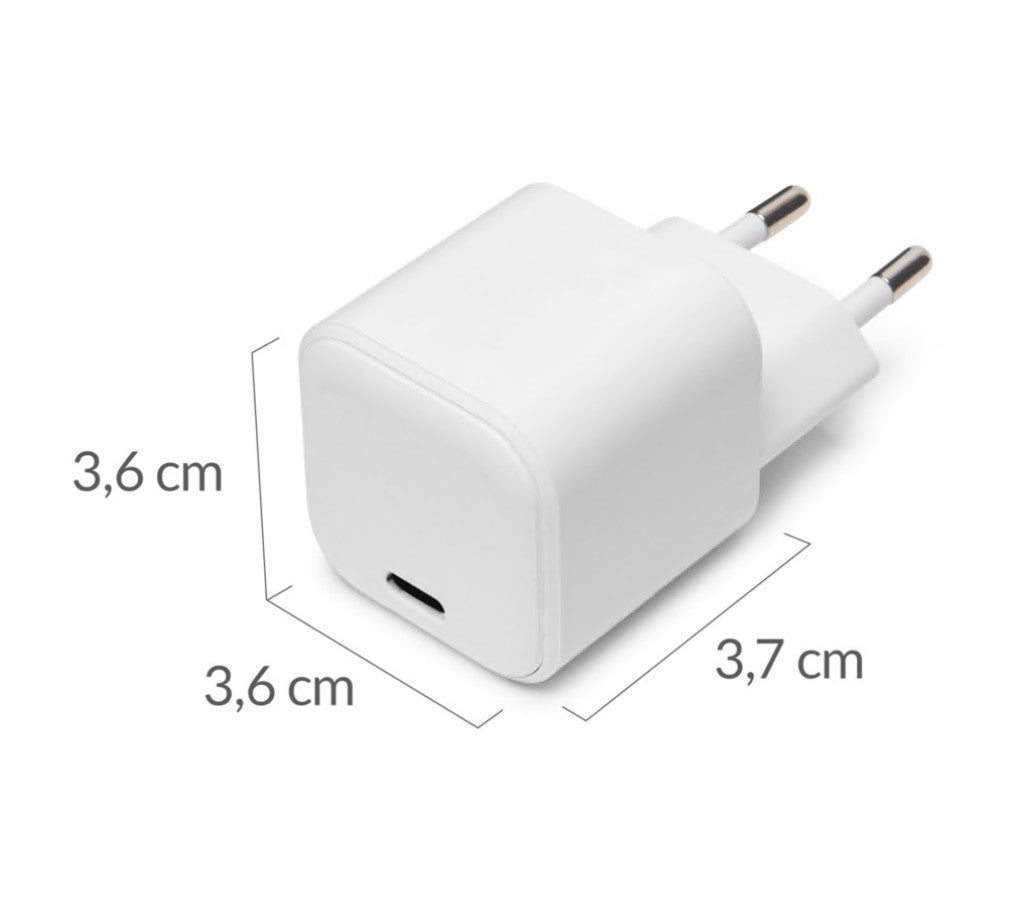 Linocell GaN USB-C oplader 65W, til runde stikben, USB-C port med Power Delivery, kompakt 3,6 x 3,6 x 3,7 cm.