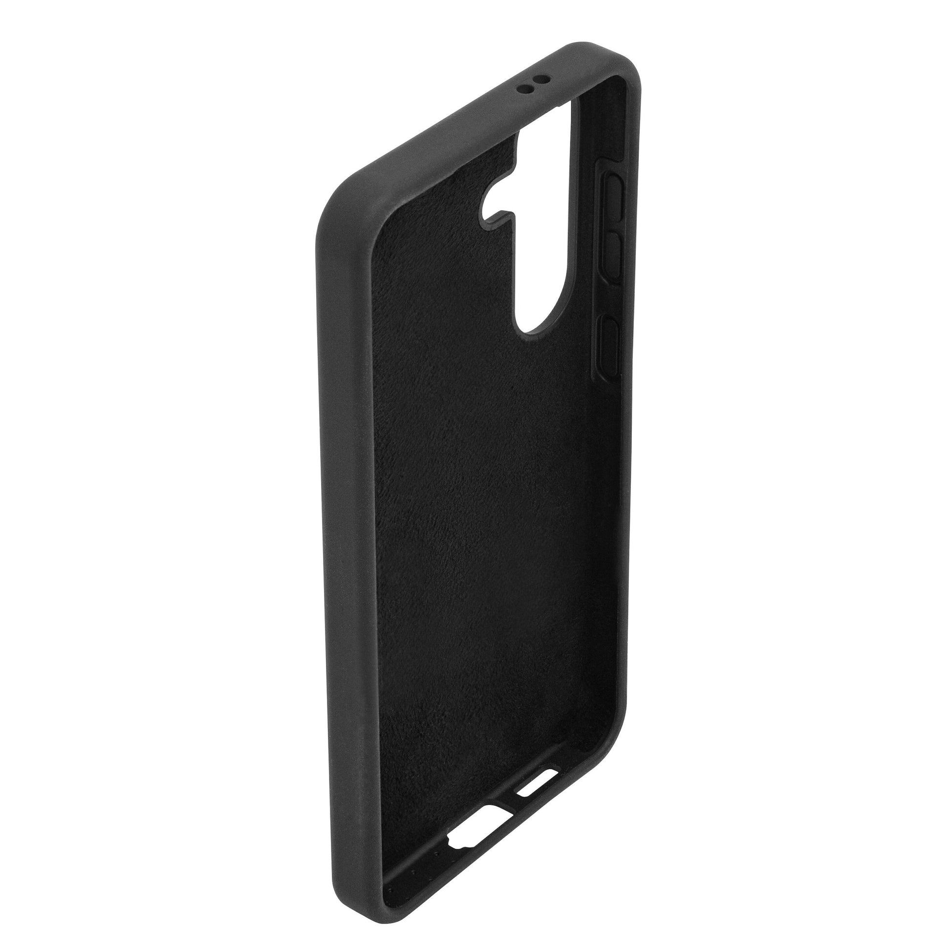 Sort gummifodral til Galaxy S24 med præcise udskæringer til kamera, knapper og opladningsport.