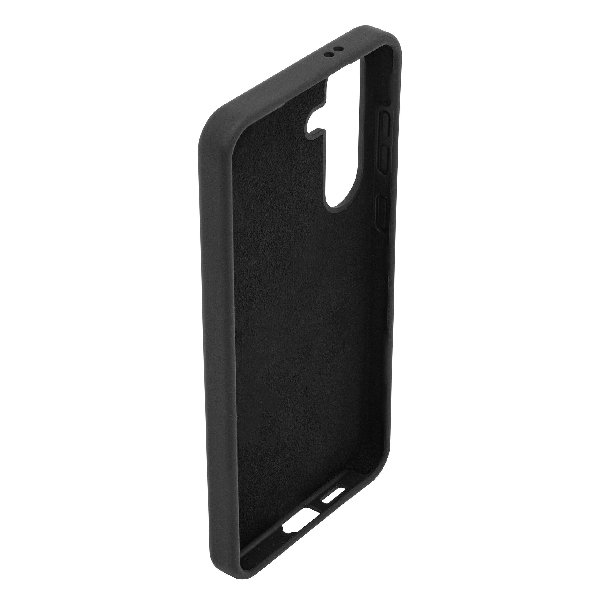 Linocell Rubber cover til Galaxy S24 Plus sort, viser inderside og udskæringer til kamera, knapper og opladningsport.