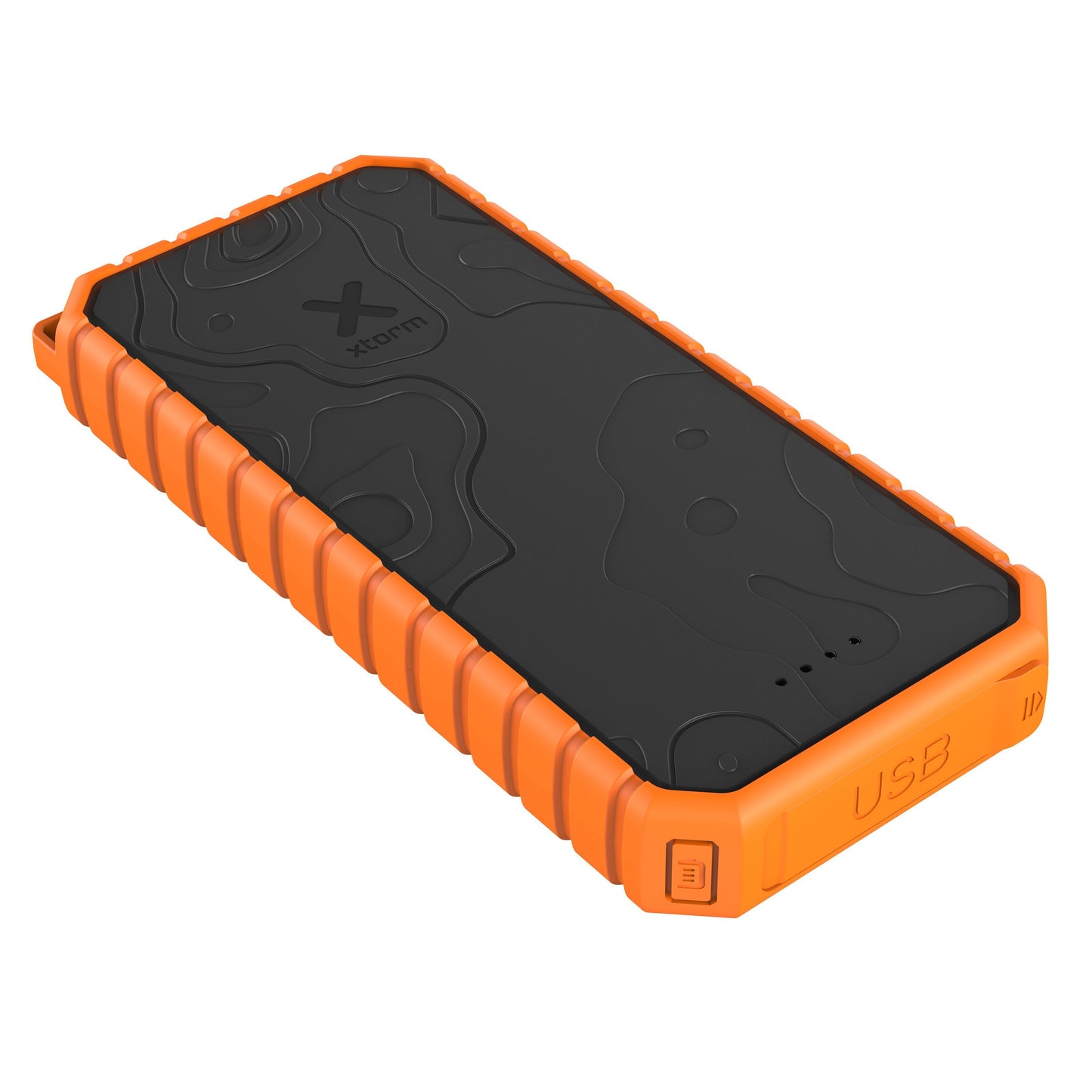 Xtorm XR202 Xtreme Powerbank 20000 mAh sort-orange IP65 med LED indikatorer og sideplaceret USB-port.