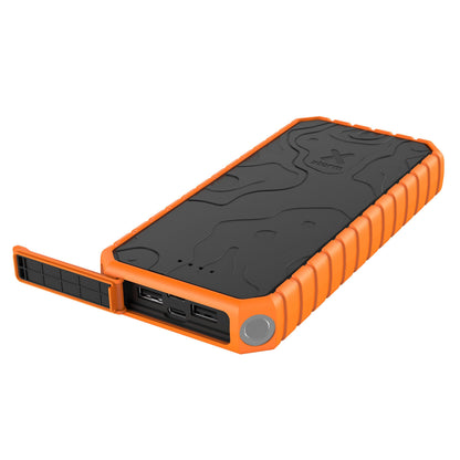 Xtorm Robust XR202 Xtreme Powerbank 20000 mAh i orange/sort med tekstur, USB-porte, LED-indikatorer, knap og flap.
