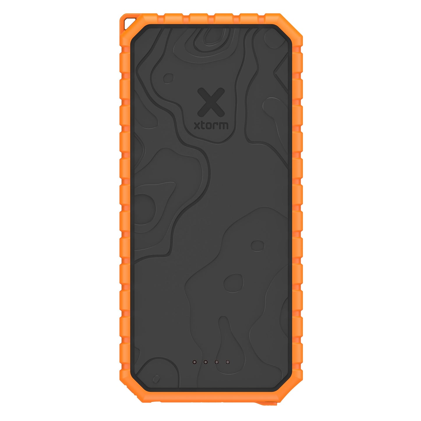 Xtorm XR202 Xtreme Powerbank 20000 mAh sort med orange kant, topografisk mønster, tre indikatorlys nederst.