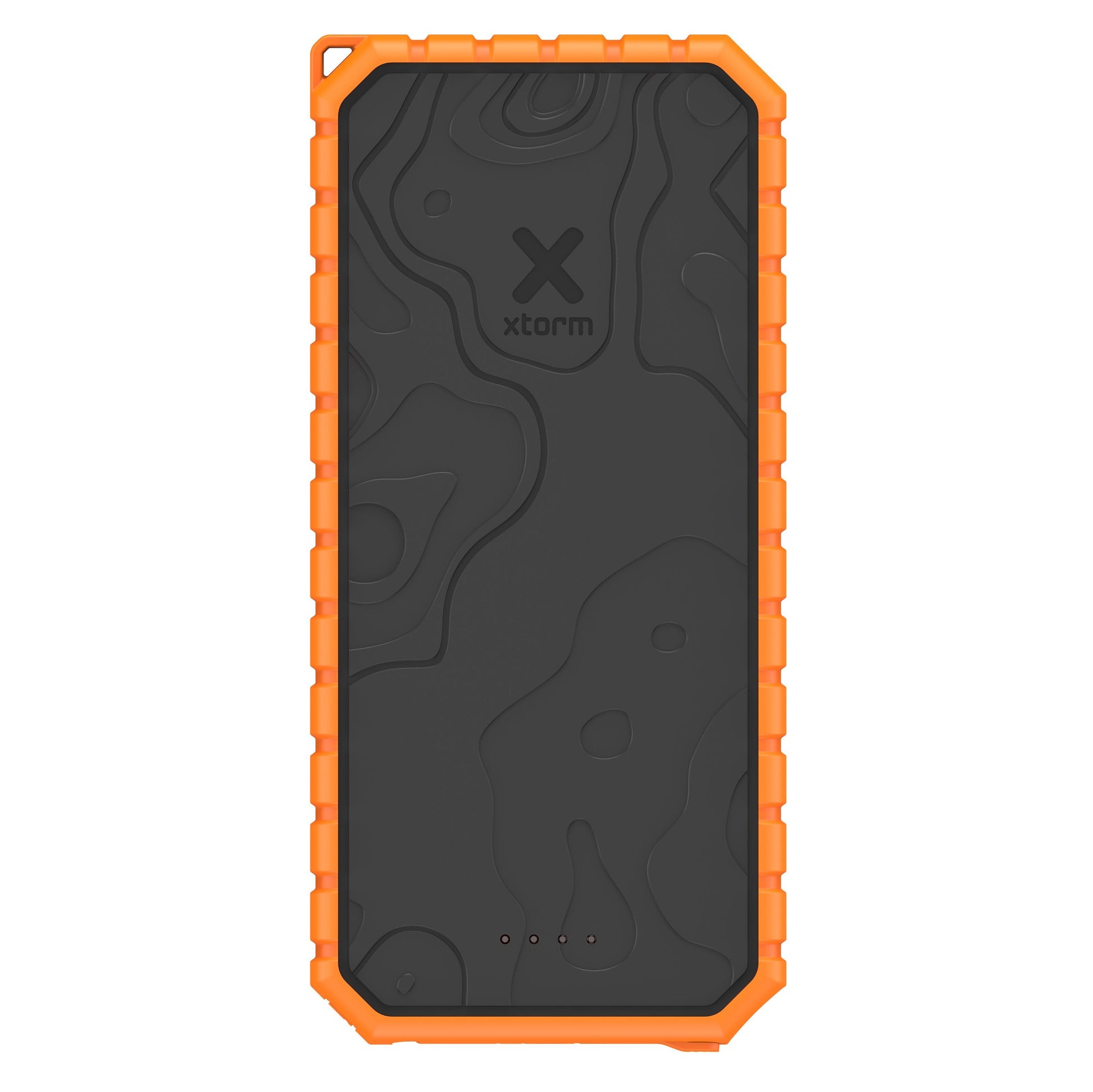 Xtorm XR202 Xtreme Powerbank 20000 mAh sort med orange kant, topografisk mønster, tre indikatorlys nederst.