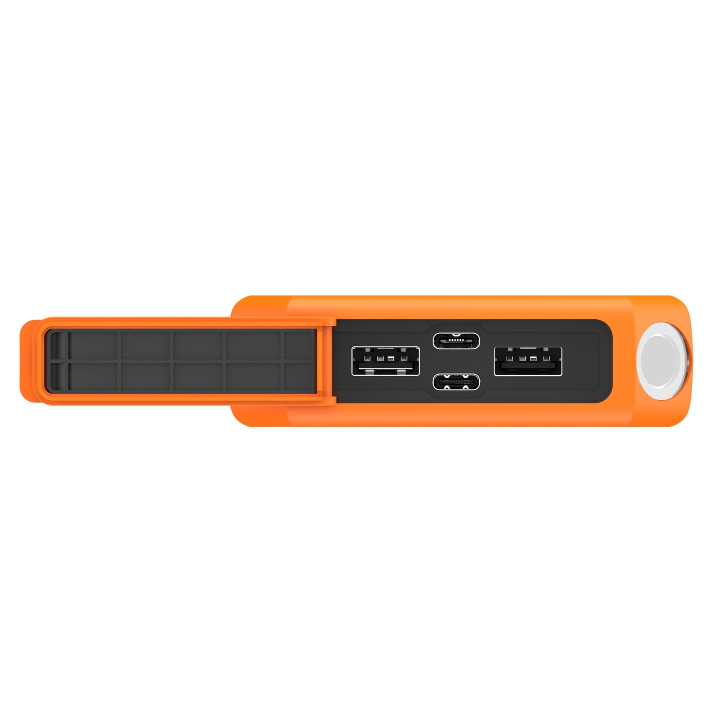 Xtorm Robust XR202 Xtreme Powerbank 20000 mAh sort, topvinkel, åben beskyttelsesklap, flere porte synlige, IP65-design.
