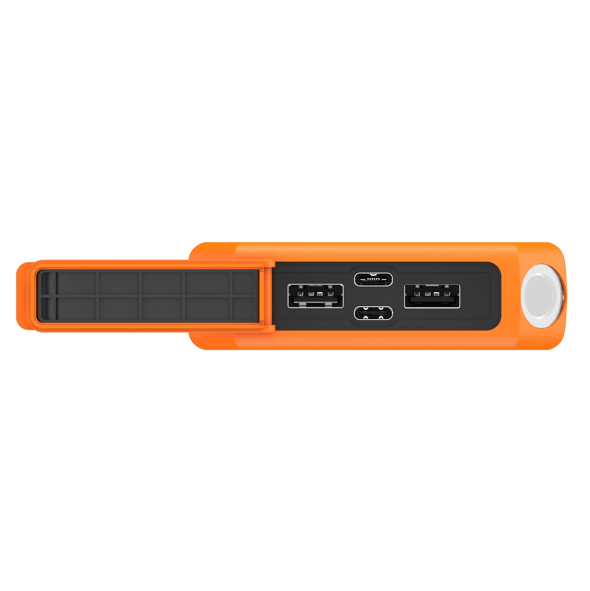Xtorm Robust XR202 Xtreme Powerbank 20000 mAh sort, topvinkel, åben beskyttelsesklap, flere porte synlige, IP65-design.