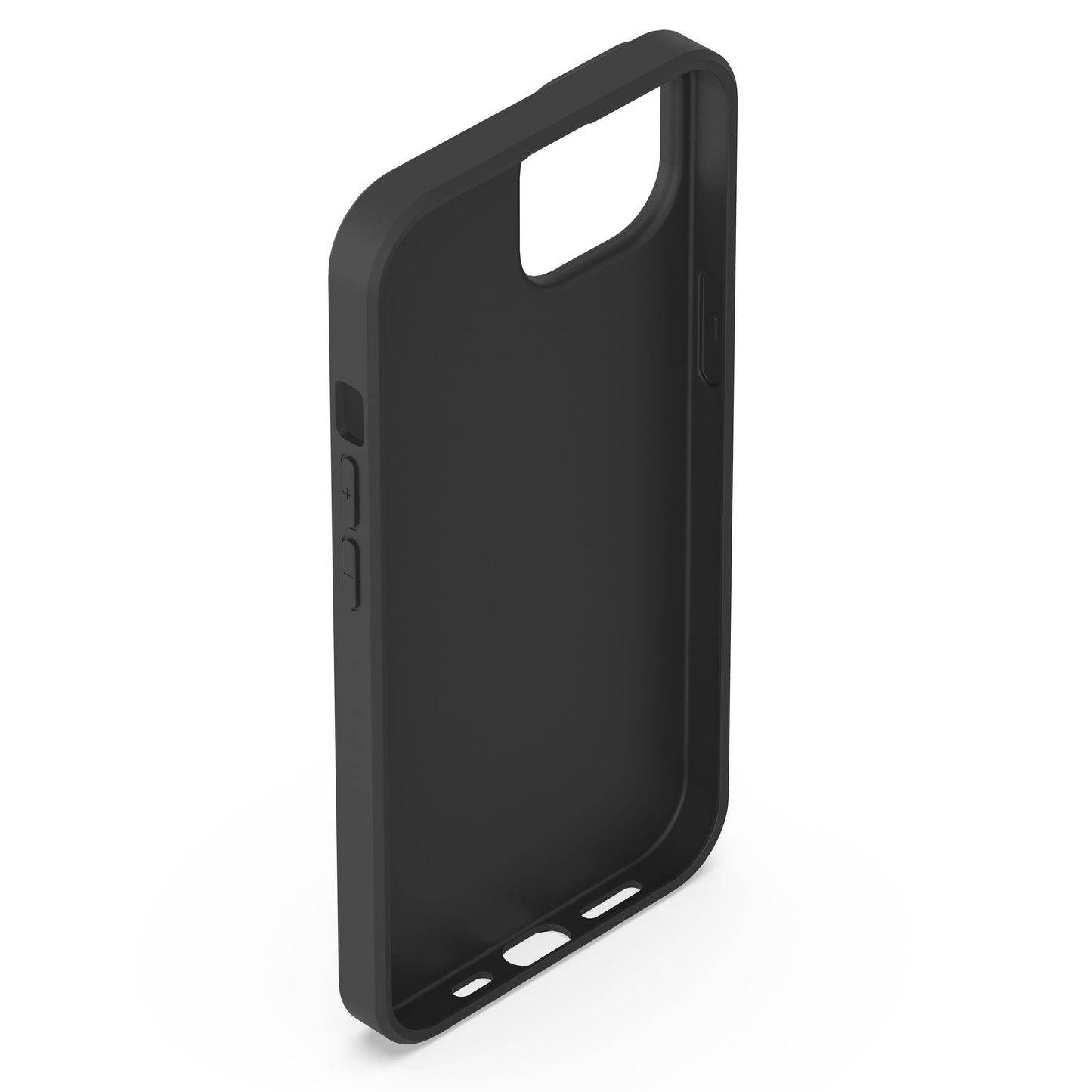 Second skin cover til iPhone 13, 14 og 16e sort med udskæringer til kamera, knapper og opladningsport.