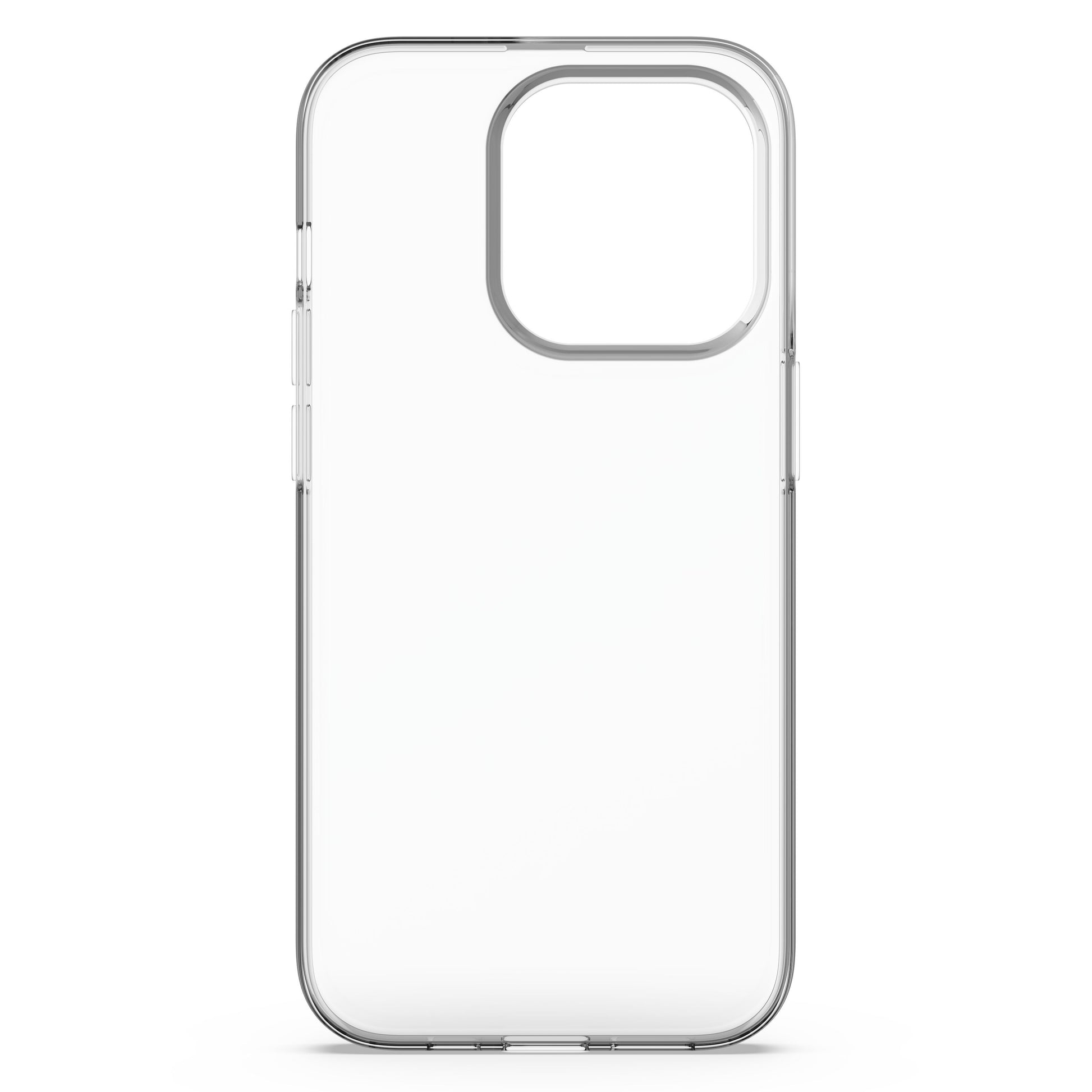 Second Skin cover til iPhone 14 Pro klar med stor kameraudskæring og afrundede kanter, gennemsigtig og ultratynd.