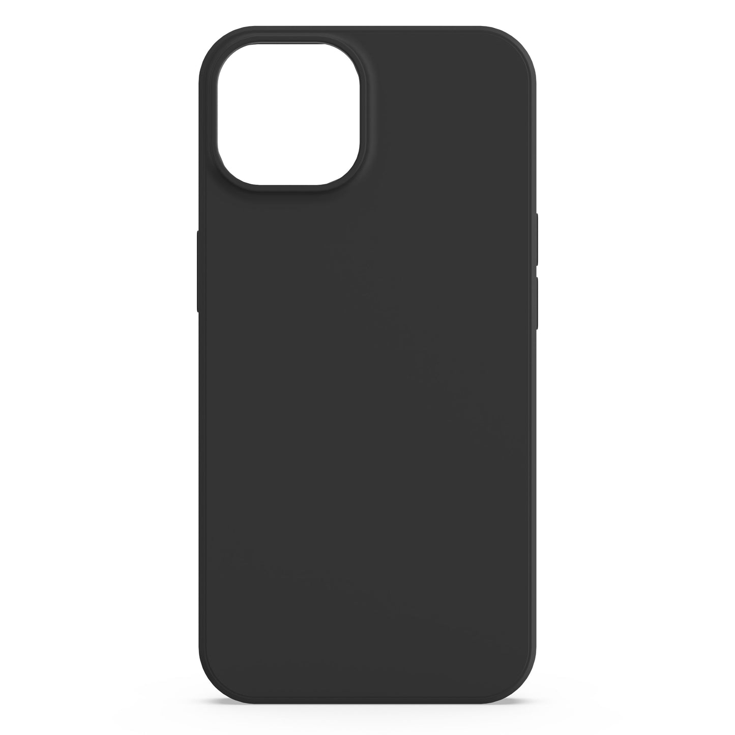 Linocell silikonecover til iPhone 13/14/16e sort, glat antibakteriel overflade, stor firkantet kameracutout øverst til venstre.