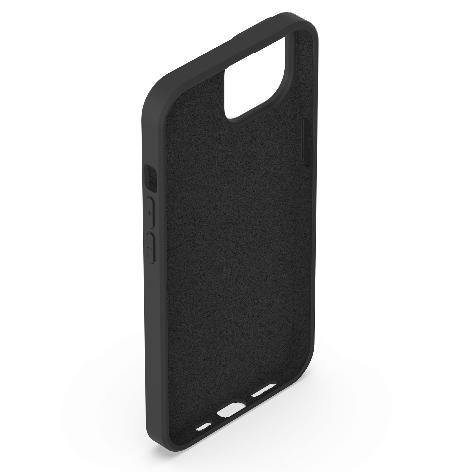 Linocell silikonecover sort til iPhone 13/14/16e, vises oprejst med inder- og kamerahuller samt antibakteriel overflade.