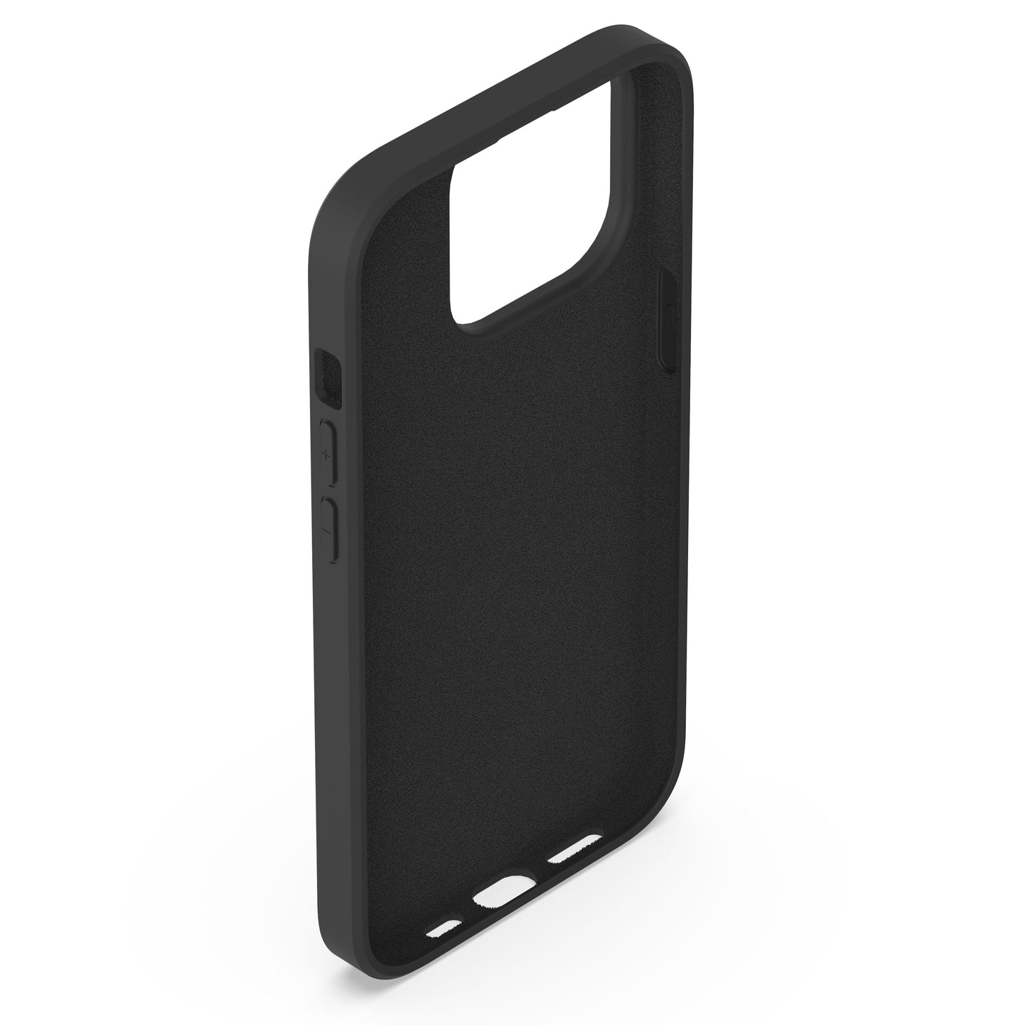 Gummifodral til iPhone 14 Pro sort med præcise udskæringer til kamera, knapper og porte, blød inderside vises.