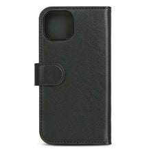 Linocell sort læder mobilpung med synlige syninger, flap-lukning og kamerahul til iPhone 13/14, vist lukket.