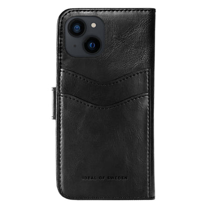 Magnet Wallet+ Mobilpung til iPhone 13/14, sort læder, kortholdere, prægning, vises på telefon med dobbelt kamera.