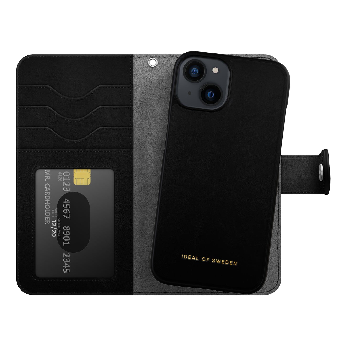 IDEAL OF SWEDEN Magnet Wallet+ mobilpung til iPhone 13/14 sort med tre kortlommer, gennemsigtig ID-lomme, guldlogo.