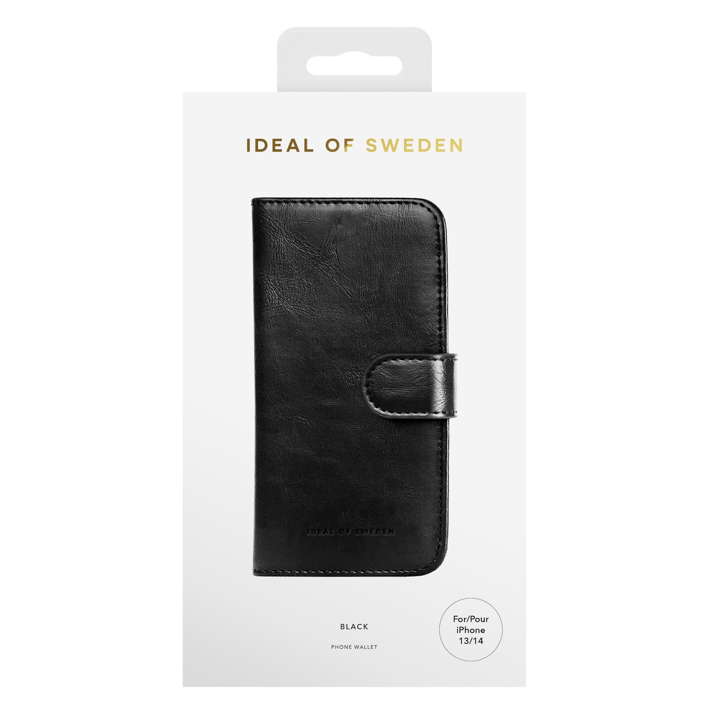 Ideal Of Sweden Magnet Wallet+ mobilpung til iPhone 13 og 14 med logo, sort design.