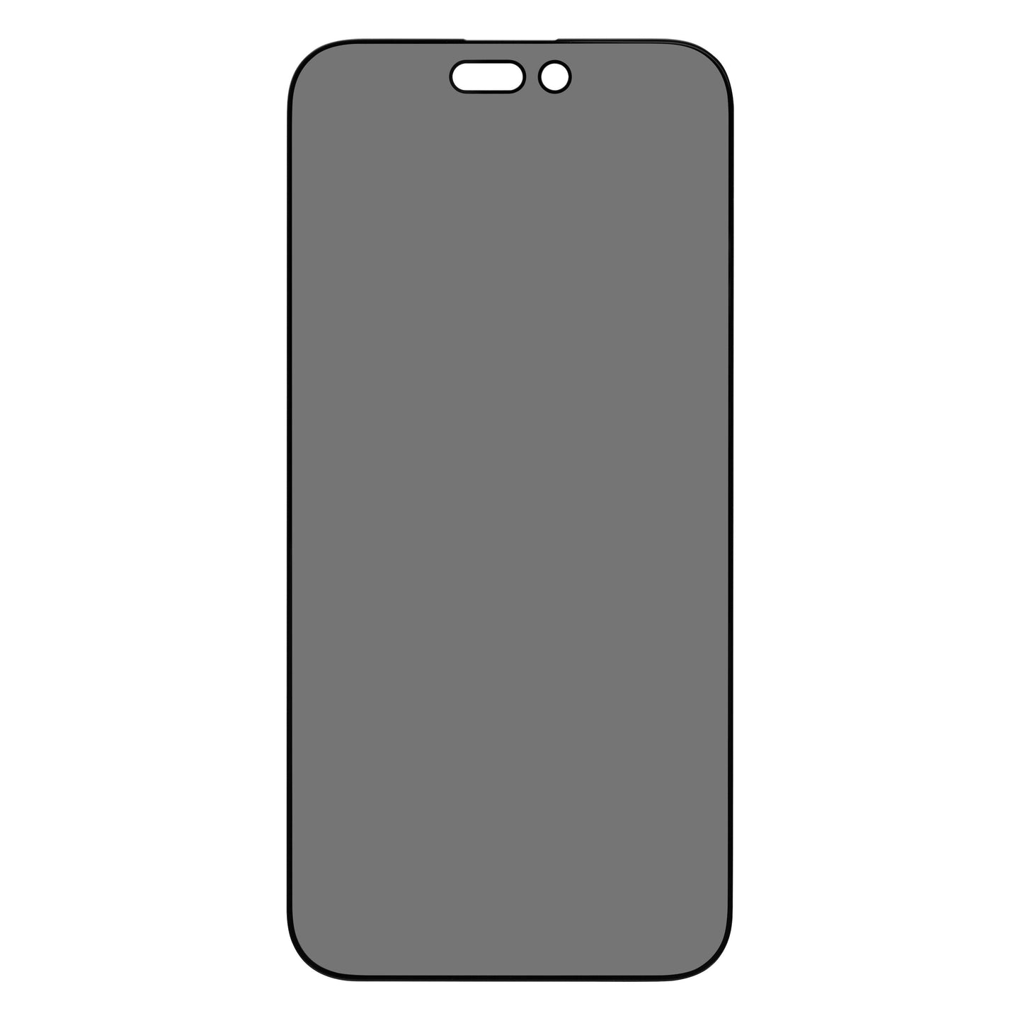 Linocell Elite Extreme Privacy Glass skærmbeskytter til iPhone 14 Pro Max, hærdet glas, grå skærm, afrundede hjørner, to udskæringer øverst.