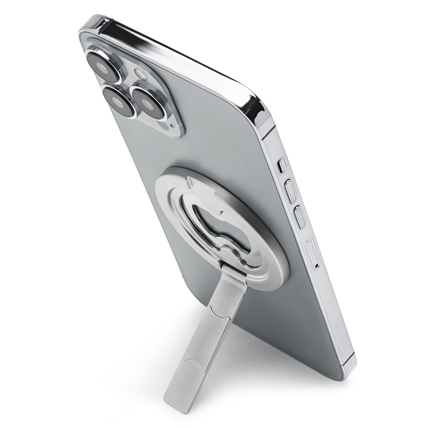 IPhone 12 sølv med magnetisk mobilholder og indbygget flaskeåbner bagpå, støtteben slået ud, sideknapper synlige.