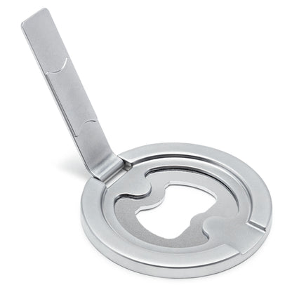 Linocell magnetisk mobilholder med indbygget flaskeåbner i sølvmetal, hængslet håndtag til dåselåg, kompatibel med magnetiske covers.