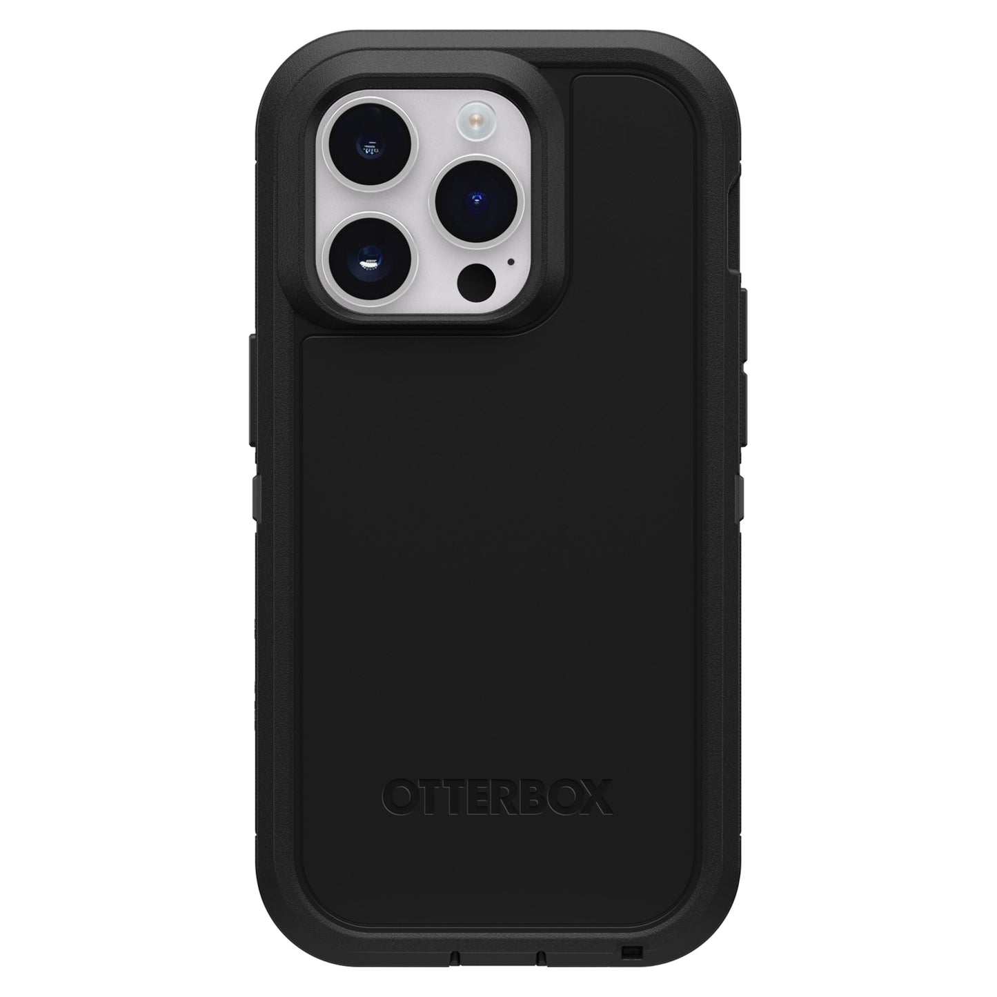Otterbox Defender XT cover til iPhone 14 Pro sort, dækker taske/sider, præcis kameraudskæring, MagSafe, logo nederst.