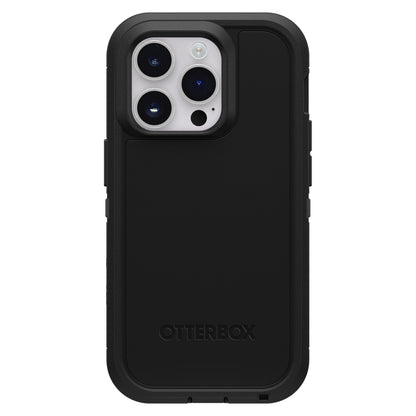 Otterbox Defender XT cover til iPhone 14 Pro sort, dækker taske/sider, præcis kameraudskæring, MagSafe, logo nederst.