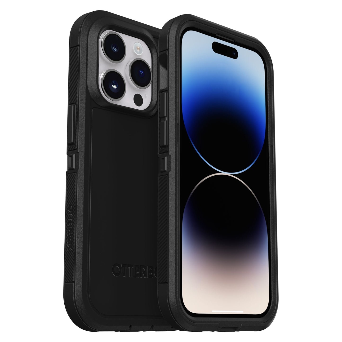 Otterbox Defender XT cover til iPhone 14 Pro, sort, MagSafe, vises for- og bagside med kamera, to stående covers.