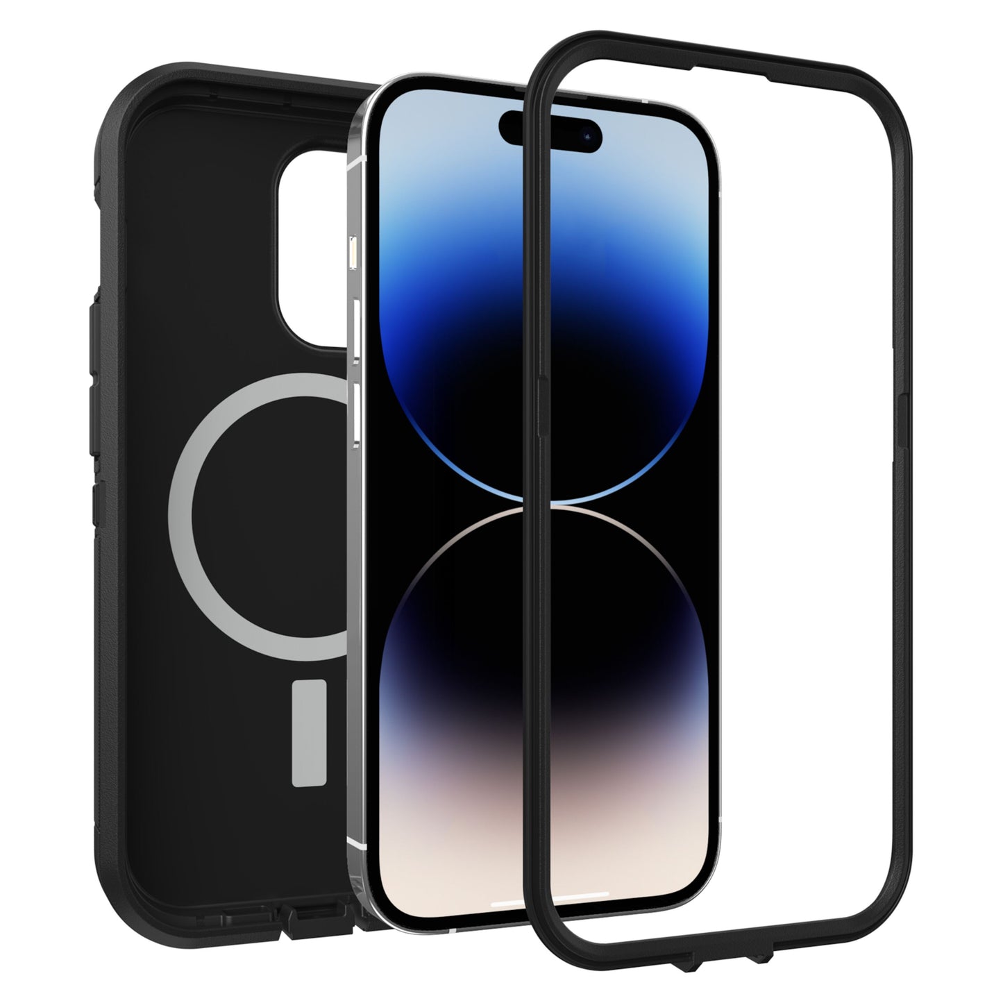 Otterbox Defender XT cover til iPhone 14 Pro med adskilt etui og frontcover, vises med MagSafe-understøttelse.