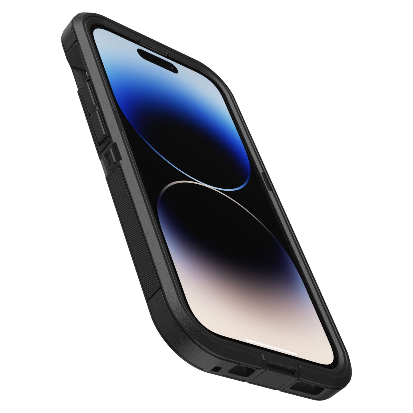 IPhone 14 Pro med gradient blå-sort skærm i Otterbox Defender XT Holdbart cover med MagSafe understøttelse, lav vinkel.