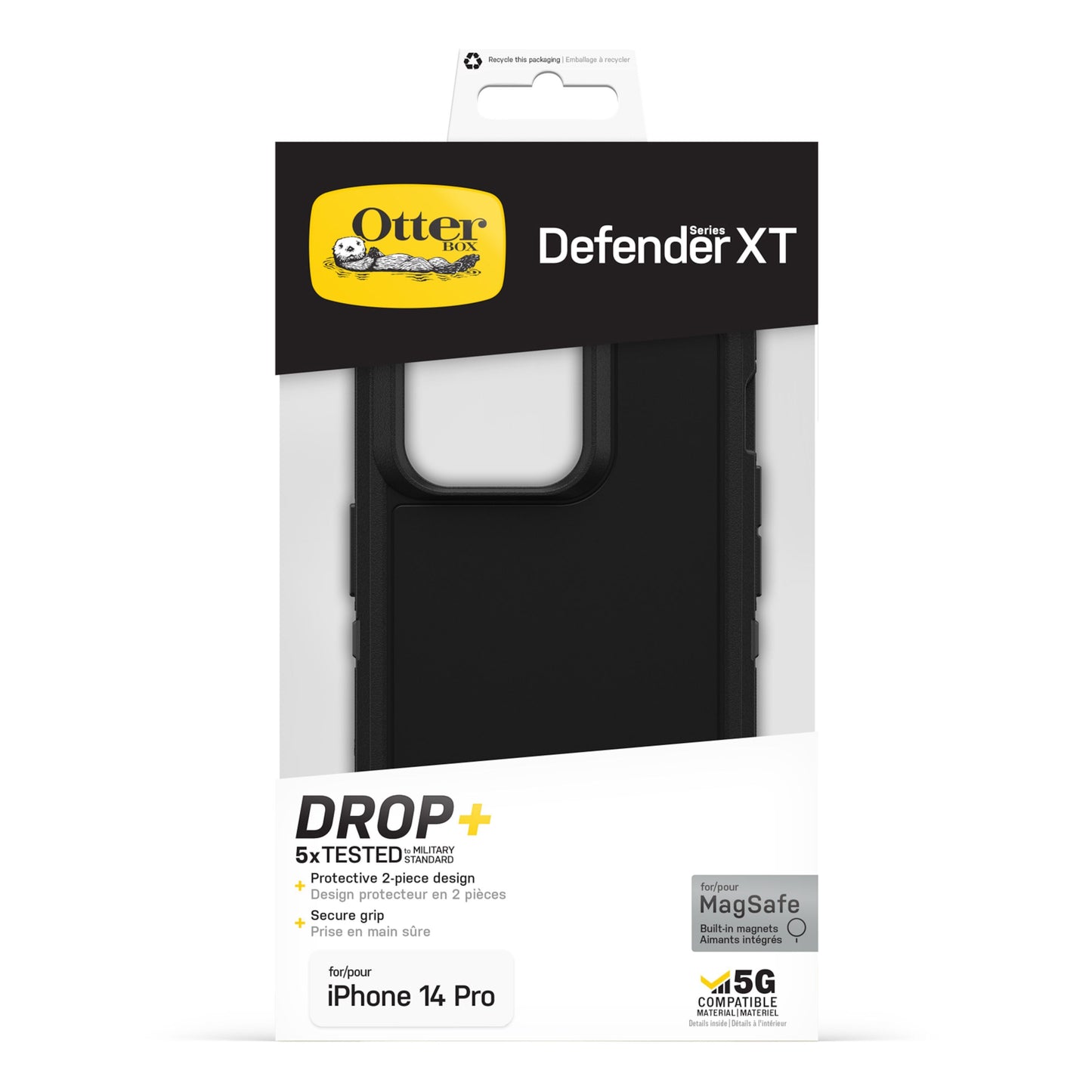 Otterbox Defender XT cover til iPhone 14 Pro emballage med DROP+ beskyttelse, MagSafe og 5G, coveret delvist synligt.