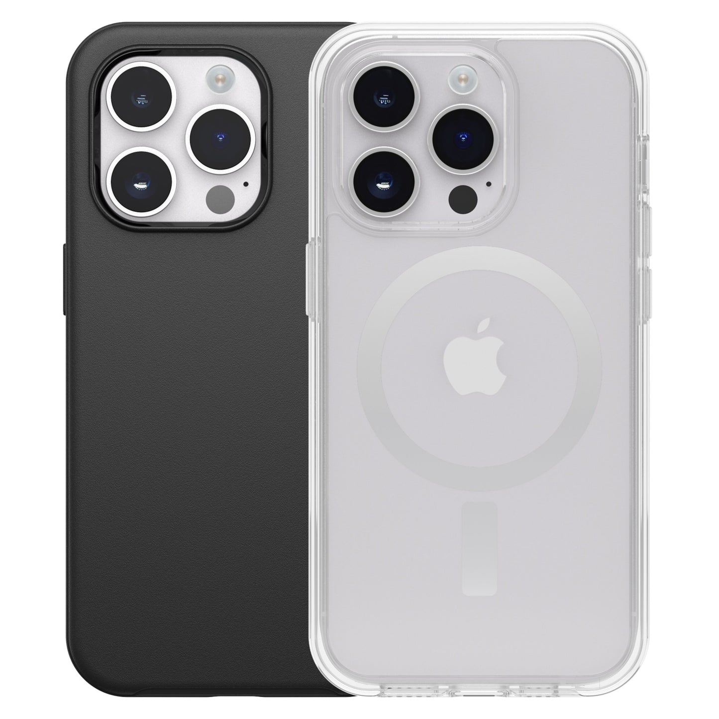 IPhone 14 Pro med tredobbelt kamera i sort cover og gennemsigtigt Otterbox Symmetry Plus, Apple-logo og MagSafe-ring synlig.