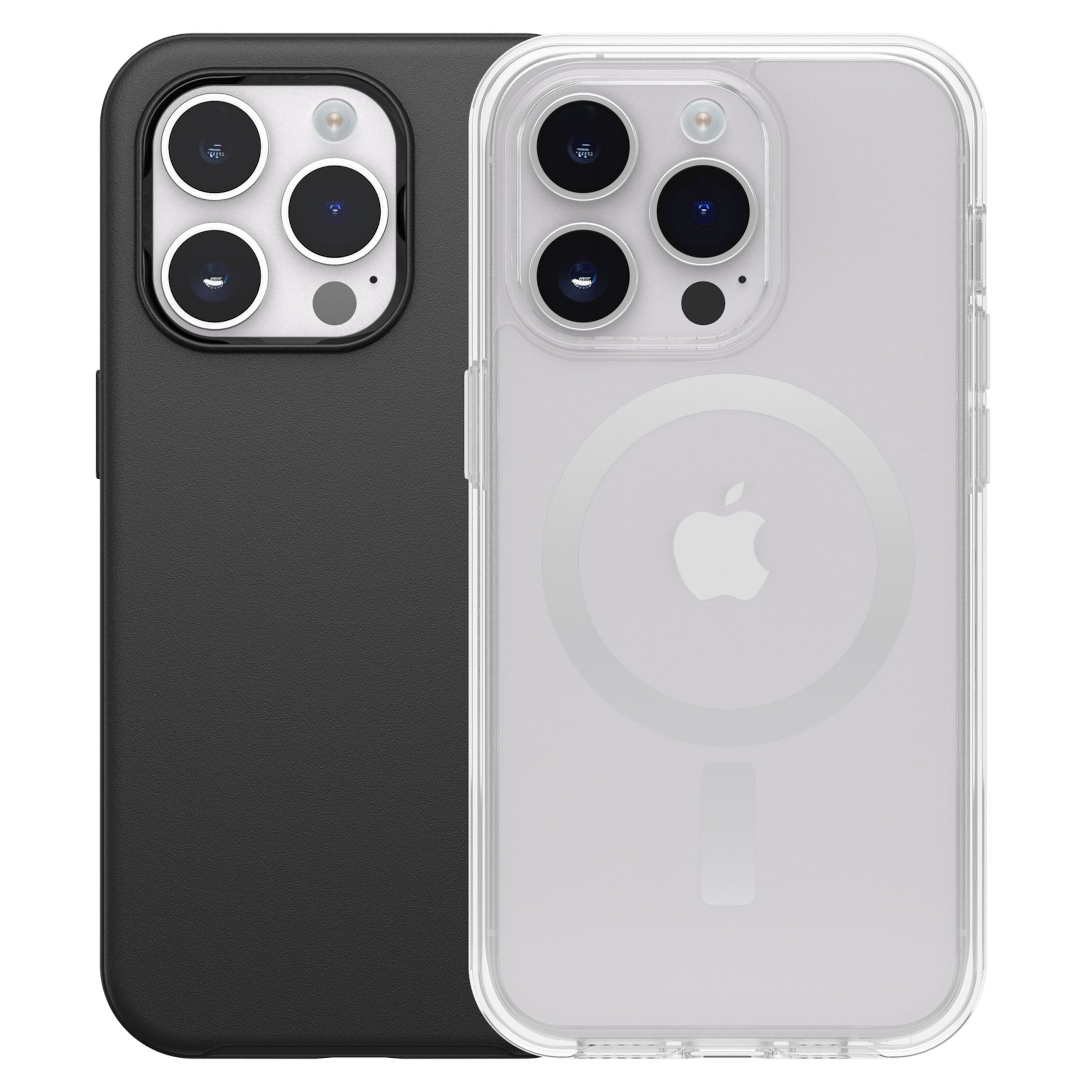 IPhone 14 Pro med tredobbelt kamera i sort cover og gennemsigtigt Otterbox Symmetry Plus, Apple-logo og MagSafe-ring synlig.