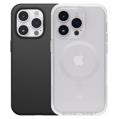 IPhone 14 Pro med tredobbelt kamera i sort cover og gennemsigtigt Otterbox Symmetry Plus, Apple-logo og MagSafe-ring synlig.