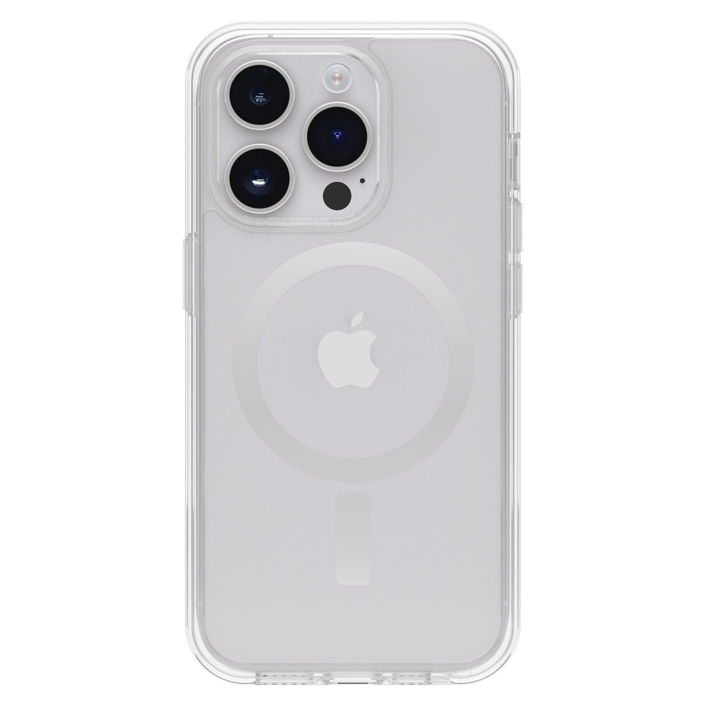 Otterbox Symmetry Plus cover til iPhone 14 Pro Klar på sølv-model med synligt Apple-logo og tre kameralinser.