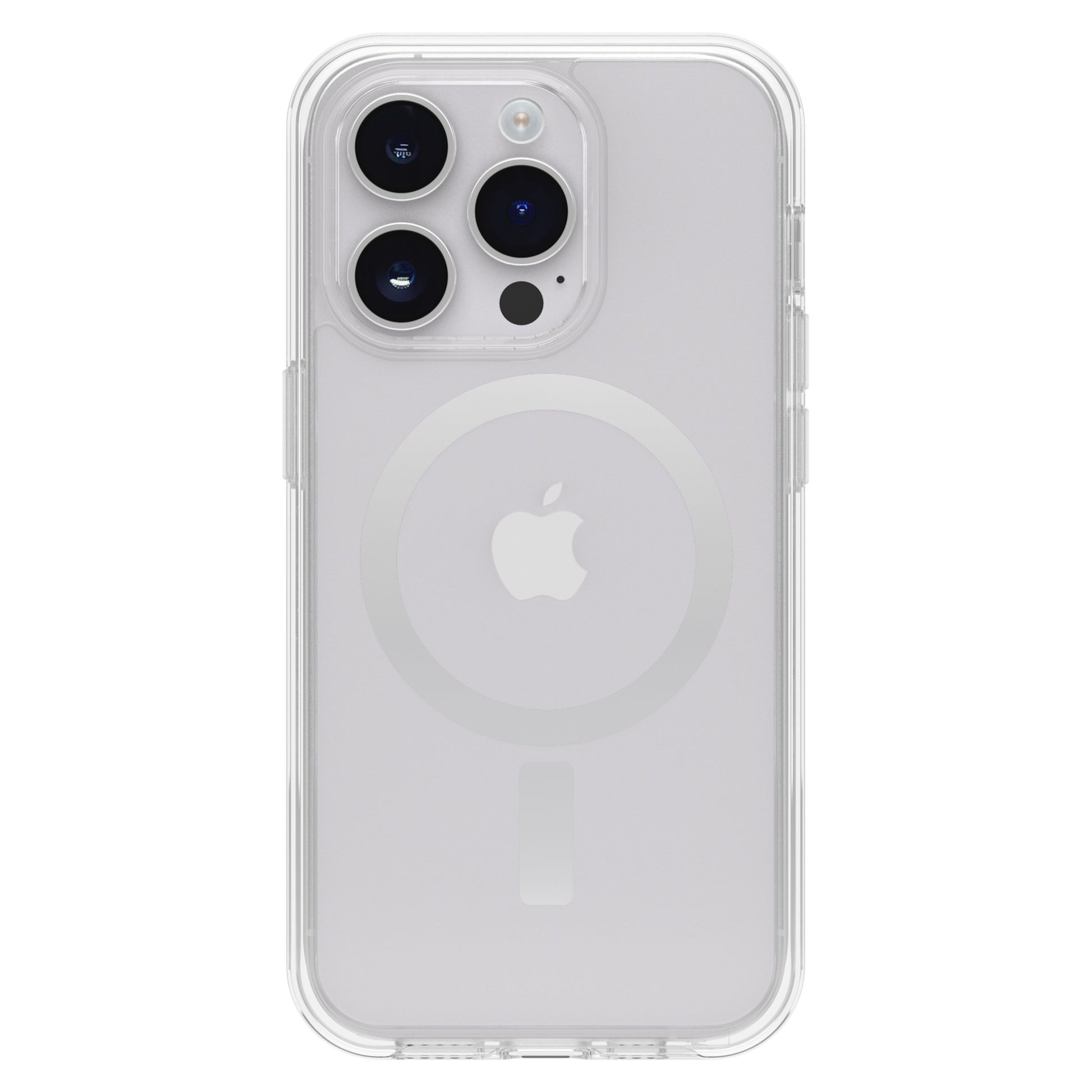 Otterbox Symmetry Plus cover til iPhone 14 Pro Klar på sølv-model med synligt Apple-logo og tre kameralinser.