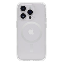 Otterbox Symmetry Plus cover til iPhone 14 Pro Klar på sølv-model med synligt Apple-logo og tre kameralinser.